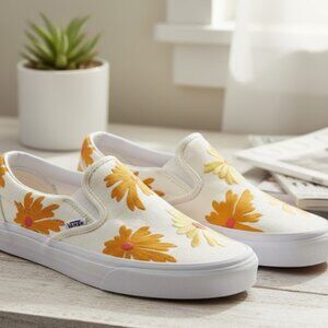 Vans Skate Sneakers White Floral Sunflower Embroidered Shoes Retail $70 Sz 9.5